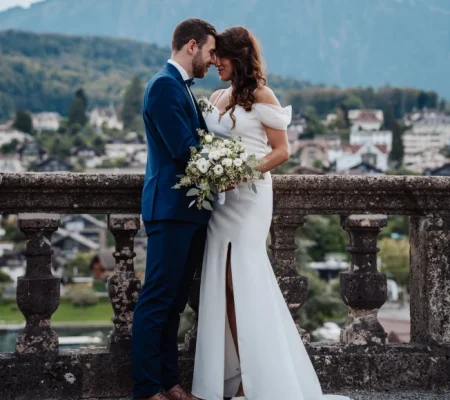 Brautpaarshooting vor einem majestätischen Berg – Hochzeitsfotograf Tom von weddingpicture